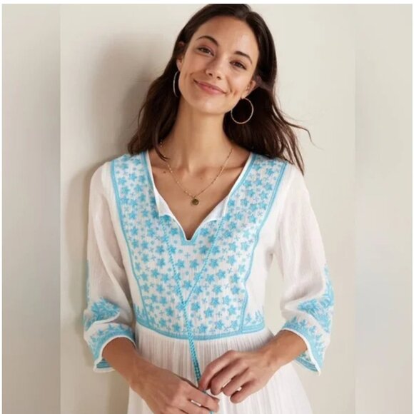 Soft Surroundings Juniper Womens Embroidered Maxi Dress SZ Small White Blue Boho - Picture 2 of 16